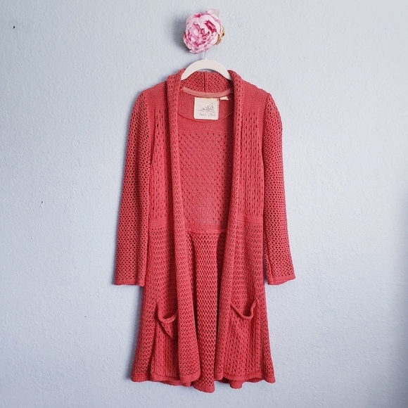 Anthropologie Angel Of The North Coral Open Knit Cardigan - Picture 1 of 6
